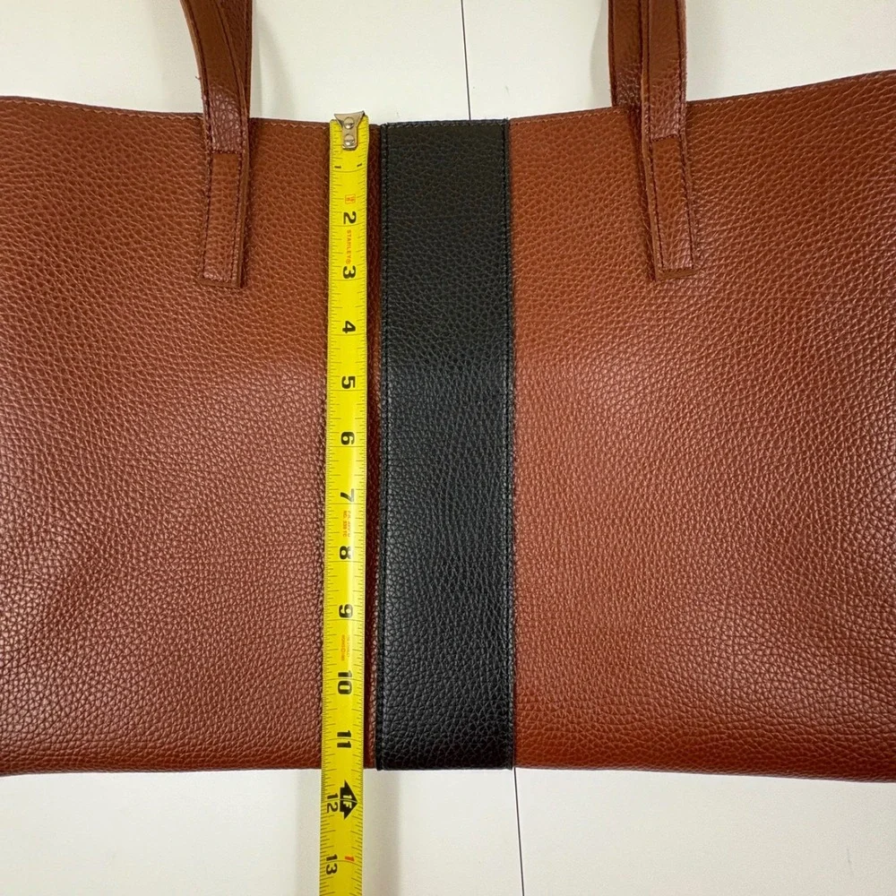 Vince Camuto Brown‎ Pebbled Leather Tote Bag Black Stripe Work Bag
